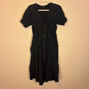 Madewell Black Gauze 100% Cotton V Neck Button Front Prairie Dress Size 6
